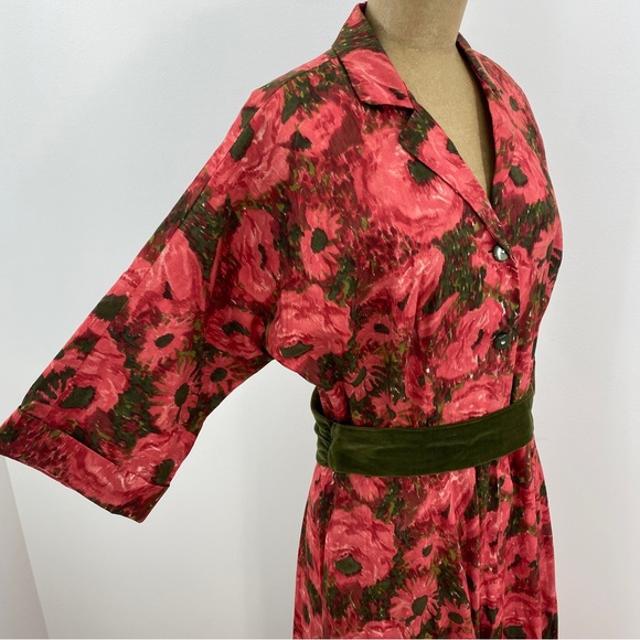 Vintage 60s Evelyn Pearson Lounge Red Floral V Neck Collar Maxi Flare Dress M - Picture 5 of 11